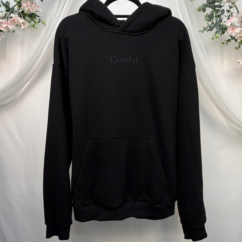 Comfrt Hoodie Black Tonal Logo Oversized Pullover Sweatshirt Mens XL